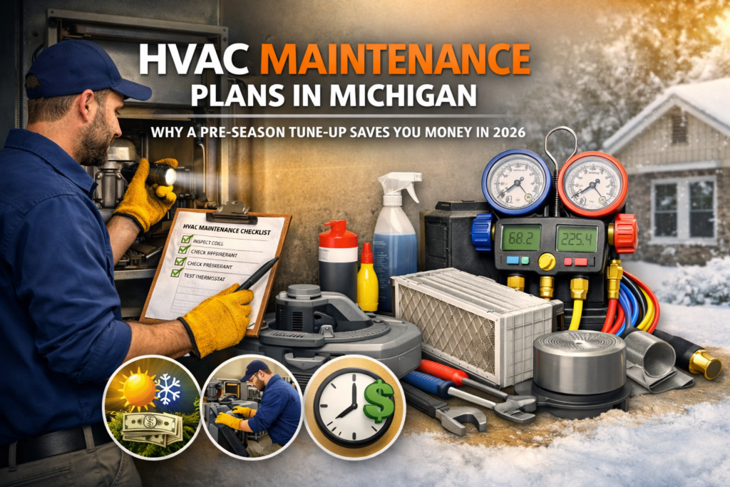 Technician performing HVAC maintenance tune-up in Michigan home